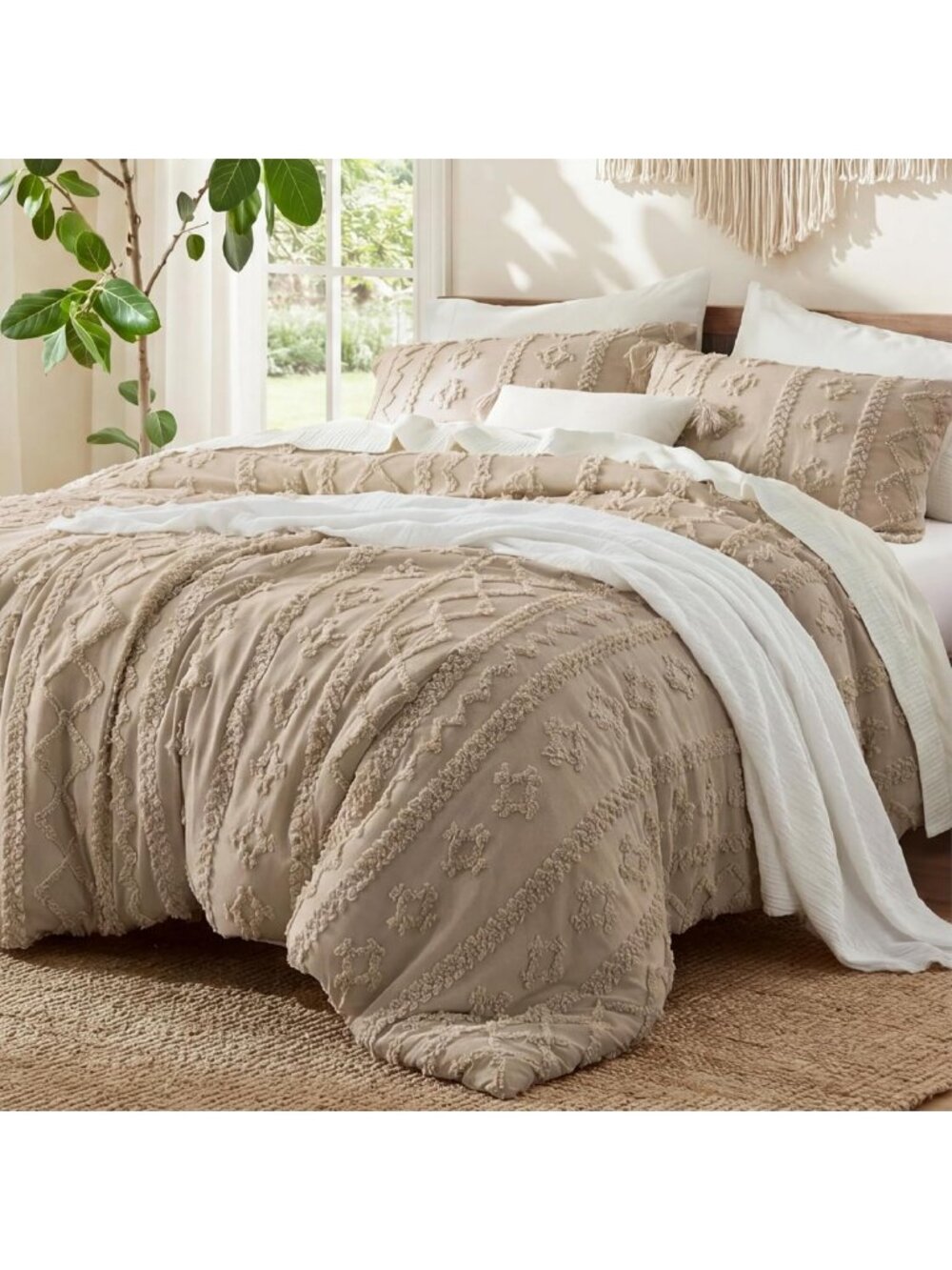 Boho Queen Comforter Set - Light Brown Bedding for Cozy Bedroom Decor